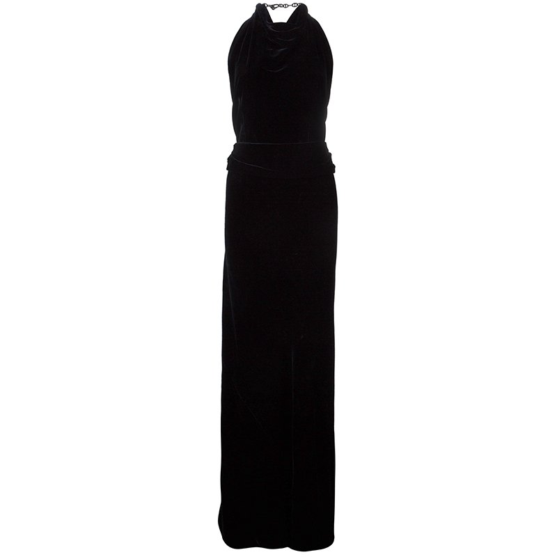 Hermes Black Velvet Halter Back Gown M