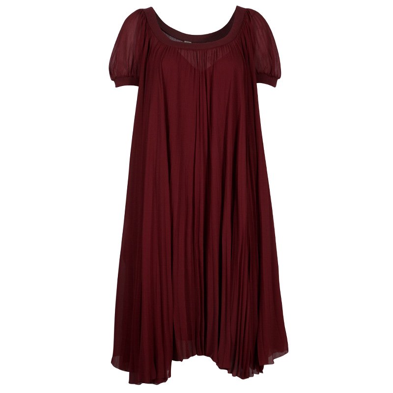 Pre Owned Hermes Red Silk Off-Shoulder Dress M