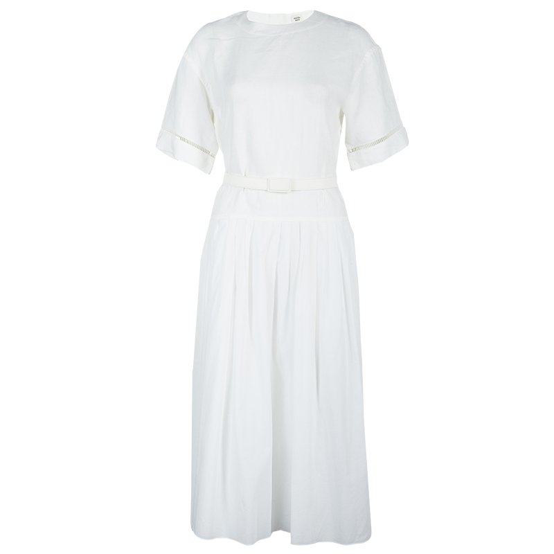 Hermes White Cotton-Linen Belted Dress S