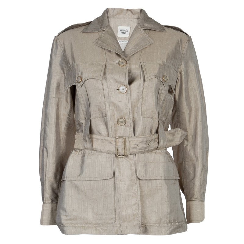 Hermes Beige Raw Silk Notched Collar Belted Jacket S Hermes | TLC