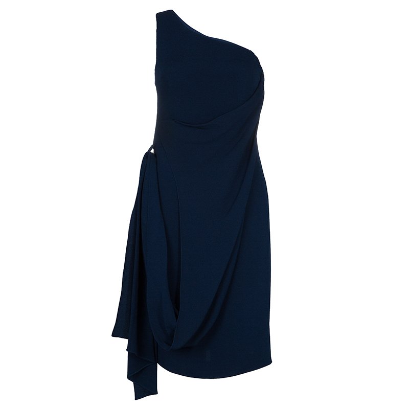 Pre Owned Hermes Blue Silk Knit One Shoulder Draped Dress S