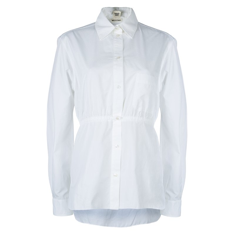 Hermes White Gathered Waist Long Sleeve Cotton Shirt L