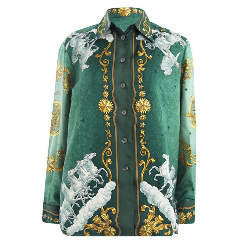 Hermes Green Horse Print Silk Shirt M Hermes | TLC