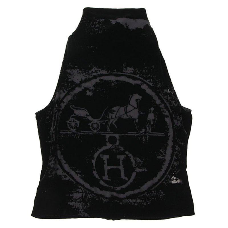 Hermes Black Print Velour Halter Top L