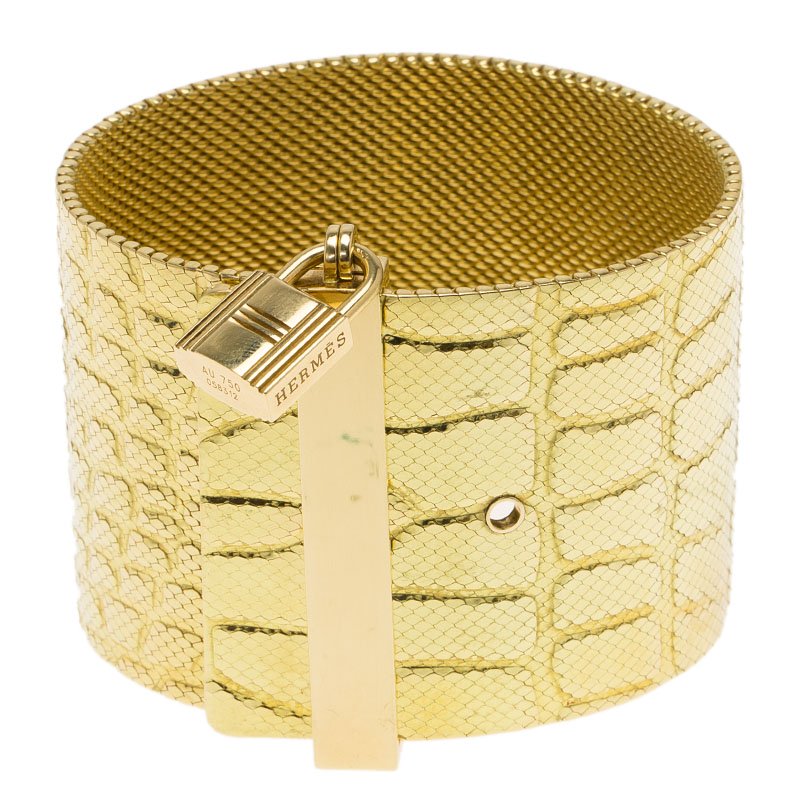 Hermes Croc Embossed Milanese Link and Padlock 18k Yellow Gold Wide Cuff Bracelet
