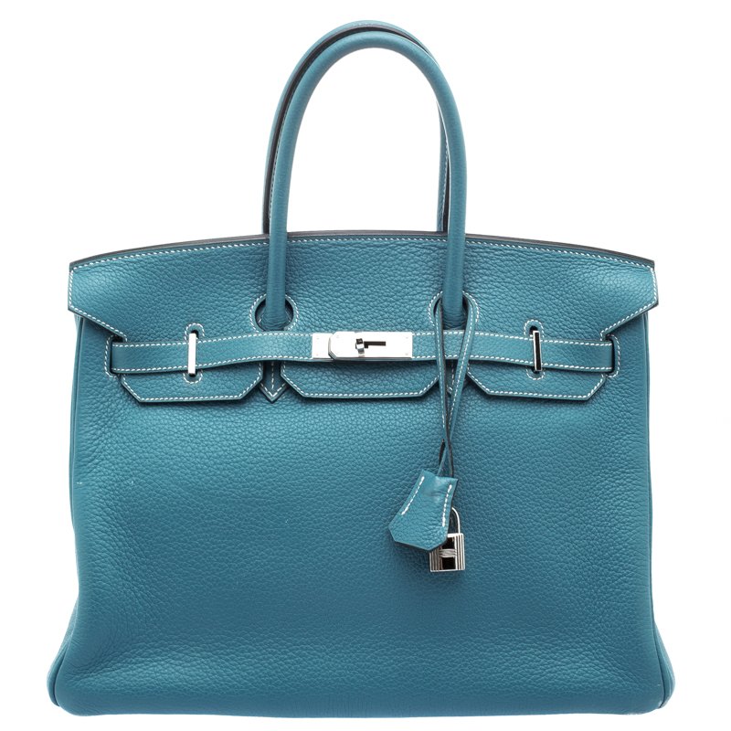 Hermes Blue Azure Clemence Leather Palladium Hardware Birkin 35 Bag