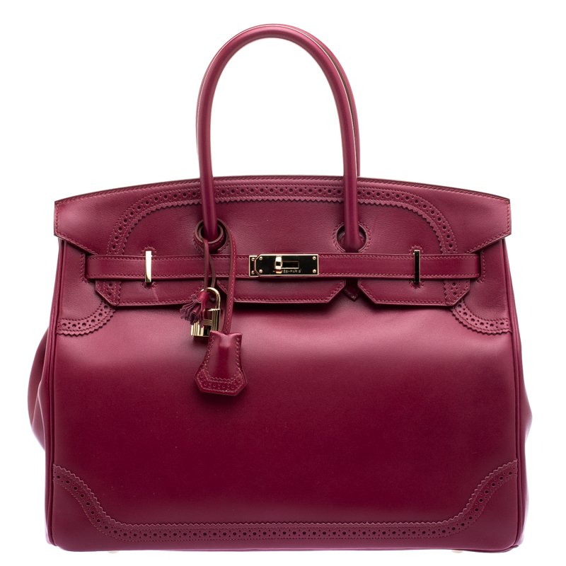 Hermes Ruby Box Calf Leather Gold Hardware Ghillies Birkin 35 Bag