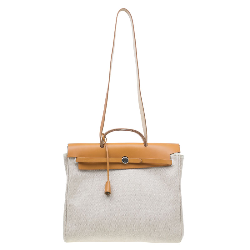 Hermes Tan Leather and Beige Toile Canvas Large Herbag