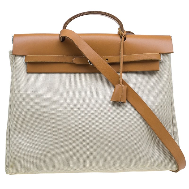 Pre Owned Hermes Tan/Beige Toile Canvas Cabas Herbag MM 2 in 1 Shoulder Bag