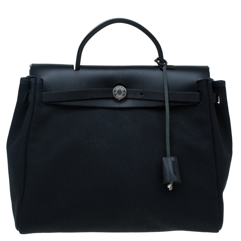 Pre Owned Hermes Beige/Black Canvas and Vache Calfskin Leather 2-in-1 Herbag PM Bag