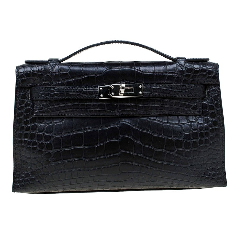 Hermes Black Alligator Palladium Kelly Pochette