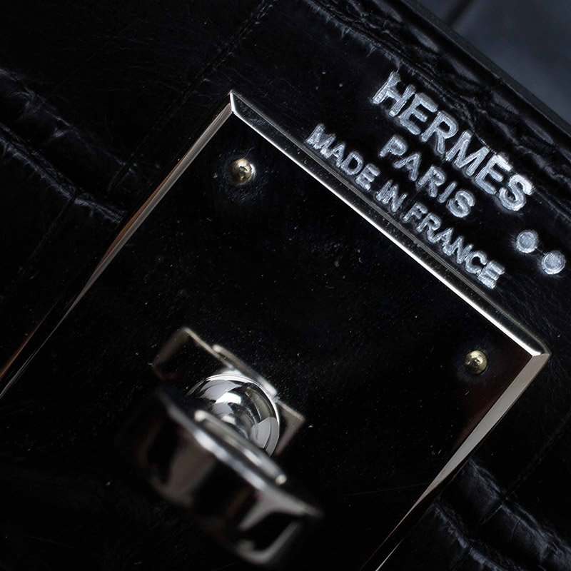 Hermès Kelly 25 Noir (Black) Sellier Crocodile Niloticus Lisse Palladium  Hardware PHW