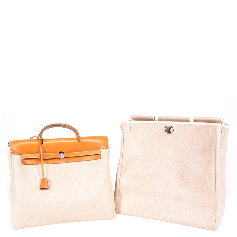 Hermes Beige and Orange Canvas and Vache Calfskin Leather Herbag GM Bag