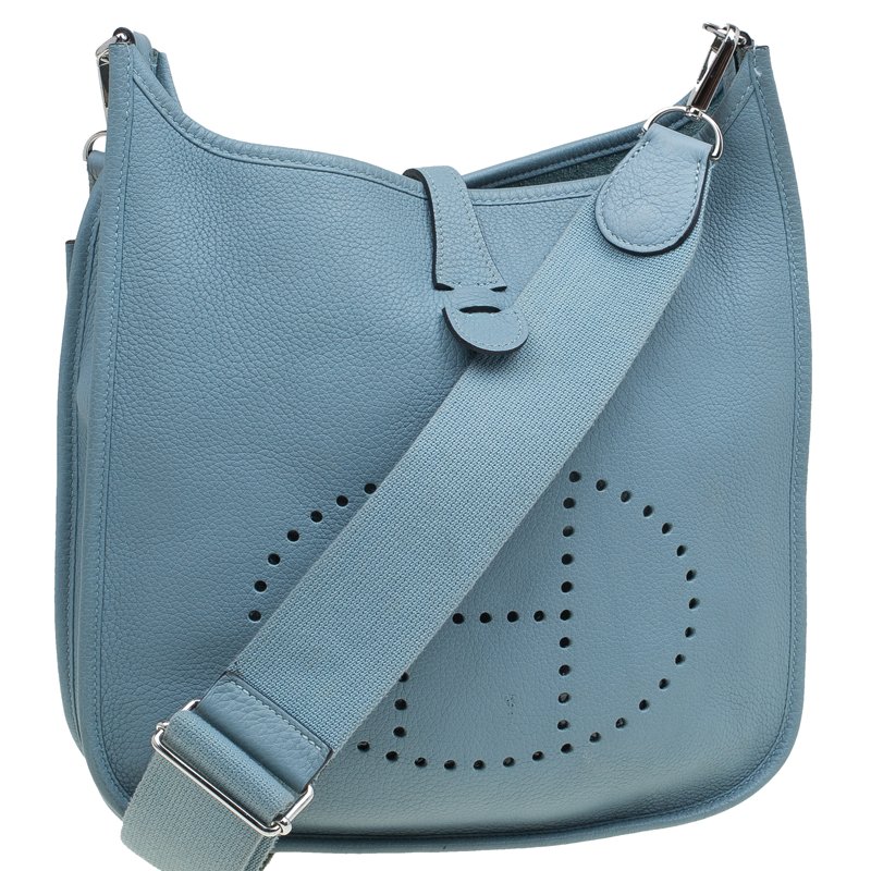 Hermes Blue Jean Clemence Leather Evelyne GM III Bag - Yoogi's Closet