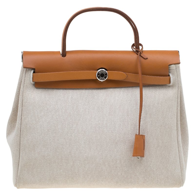 Hermes Tan/Beige Leather and Canvas 