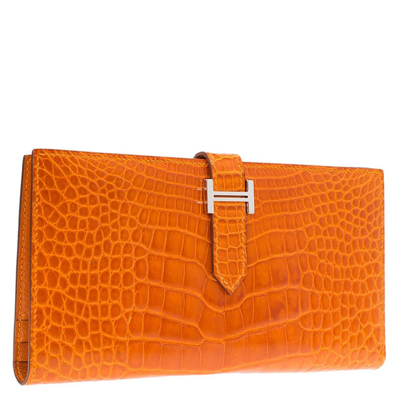Hermes Orange Alligator Bearn Gusset Wallet Hermes