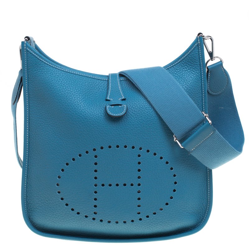 Pre Owned Hermes Blue Jean Clemence Leather Evelyne III PM Bag