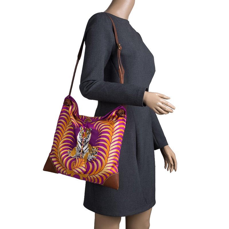 Hermes Multicolor Tiger Printed Silk and Swift Leather Silky City