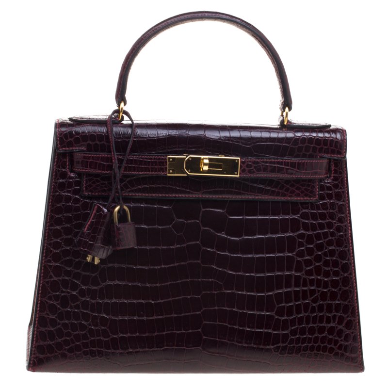 Pre Owned Hermes Dark Marron Crocodile Gold Hardware Kelly Sellier 28 Bag
