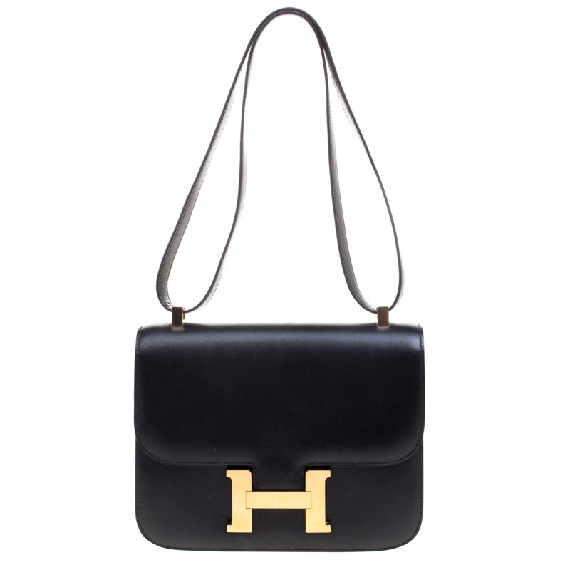 Pre Owned Hermes Black Box Calf Leather Gold Hardware Constance 23 Bag
