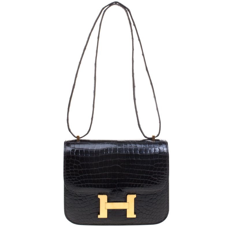 Pre Owned Hermes Black Porosus Crocodile Mini Gold Hardware Constance Bag