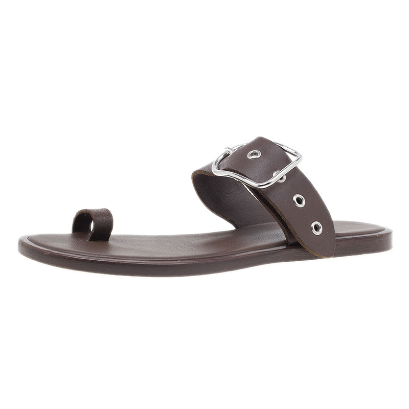 Pre Owned Hermes Brown Leather Toe Ring Buckle Sandals Size 37