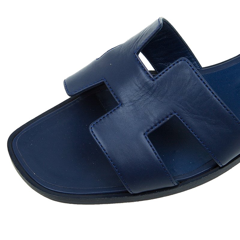 Hermes Navy Blue Leather Oran Sandals Size 39
