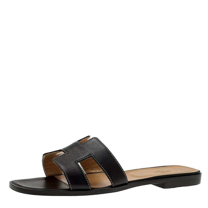 Hermes Black Leather Oran Sandals Size 41