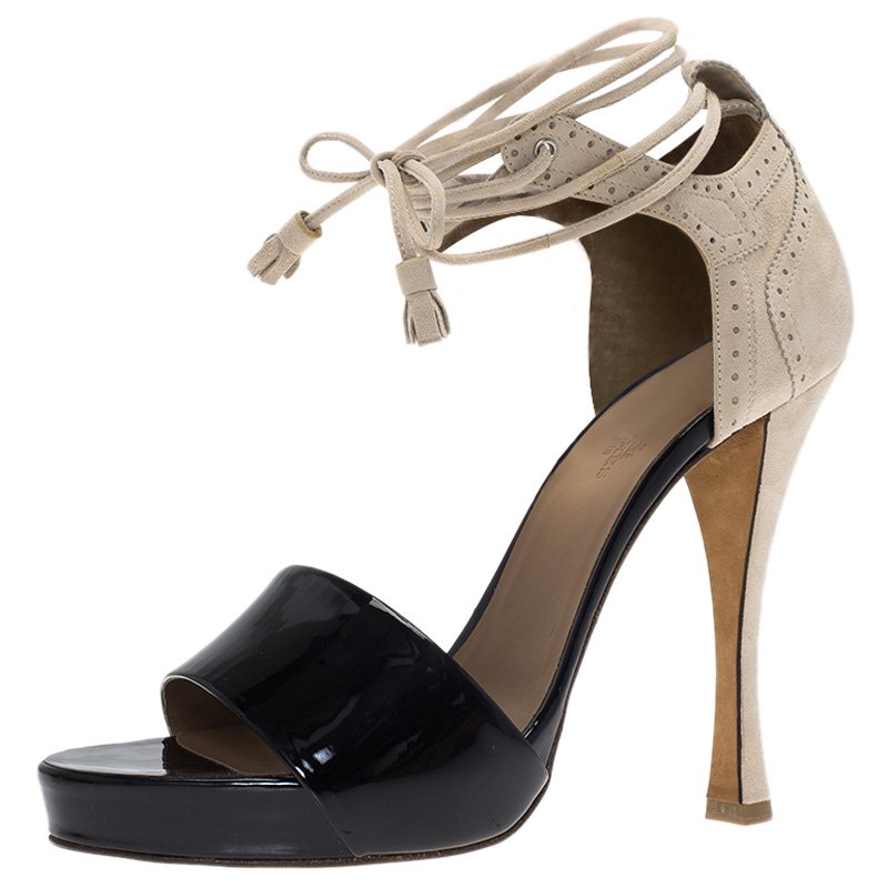 Hermes Black Patent and Beige Suede Tie Up Sandals Size 40