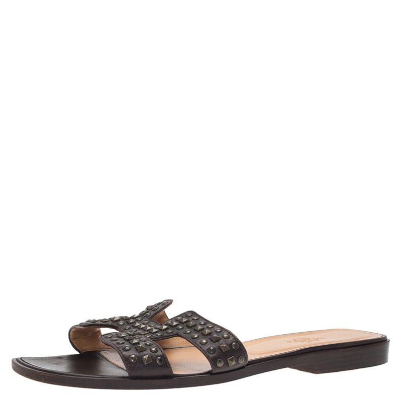 Hermes Brown Studded Leather Oran Sandals Size 39 Hermes | The Luxury ...