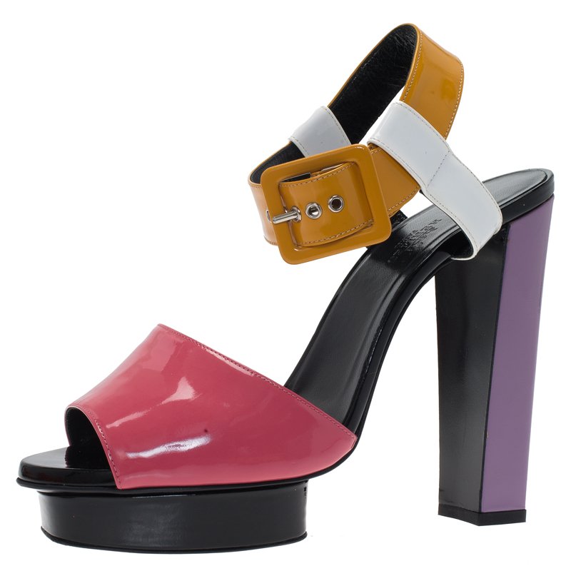 Hermes Multicolor Patent Ankle Strap Platform Sandals Size 40.5 