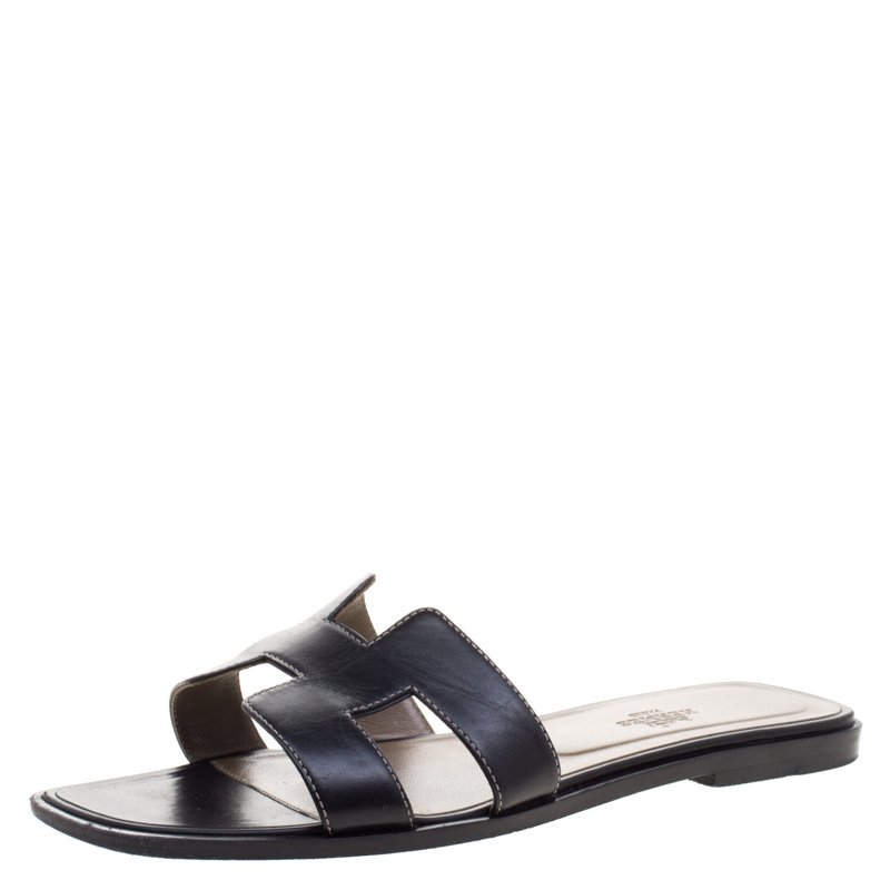 Hermes Black Leather Oran Sandals Size 39