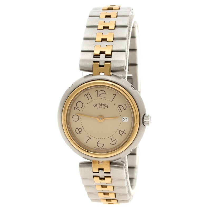 Hermes Beige Gold Tone And Stainless Steel Clipper Women's Wristwatch 25 mm