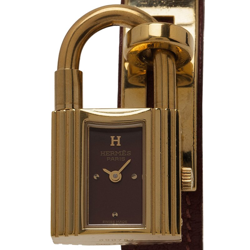 Hermes Burgundy Gold-Plated Stainless Steel Kelly Women's Wristwatch 20MM