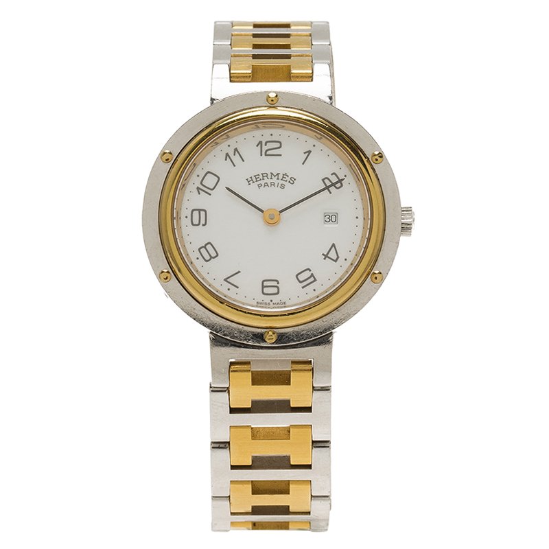 Pre Owned Hermes White Gold-Plated Stainless Steel Clipper Women's Wristwatch 30MM