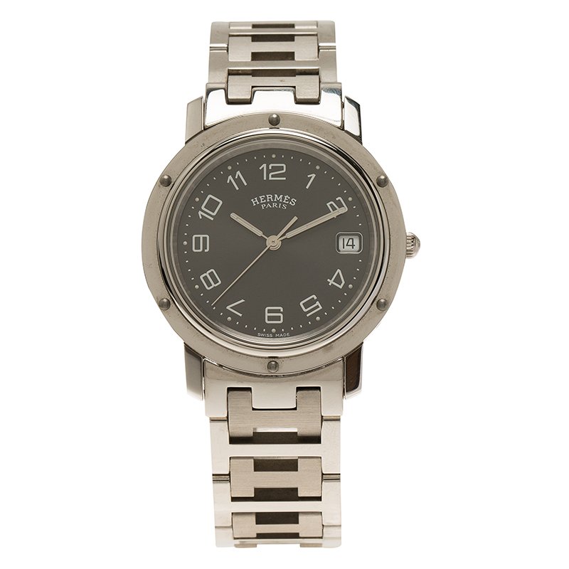 Pre Owned Hermes Black Stainless Steel Clipper Women's Wristwatch 36MM