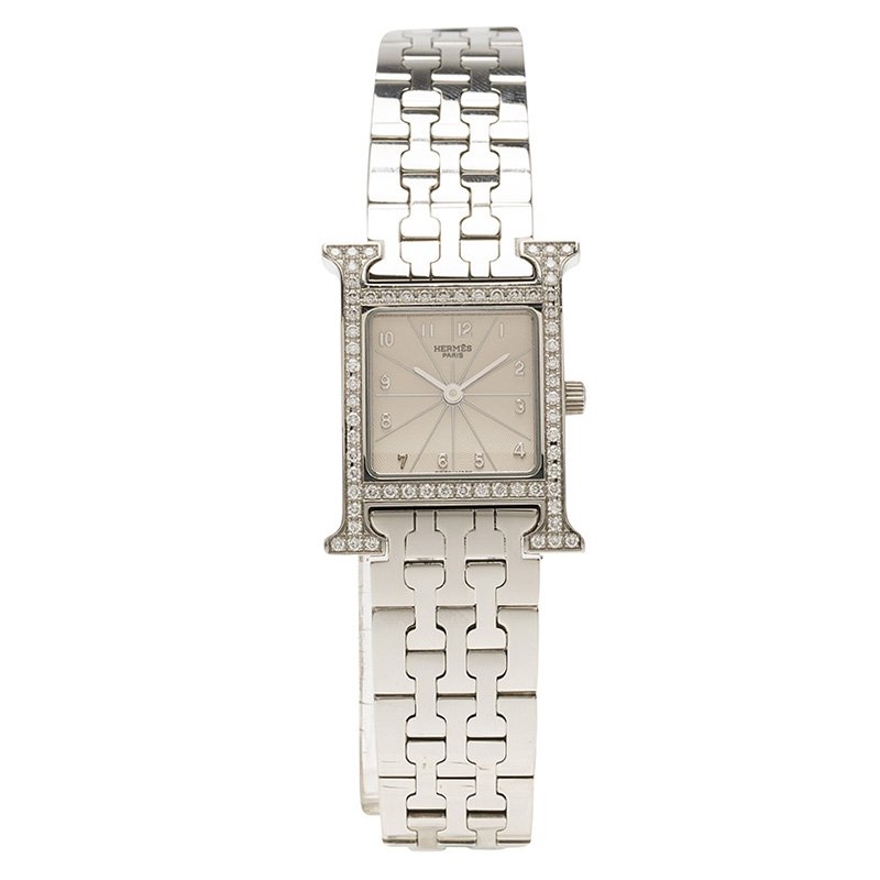 Pre Owned Hermes Cream Stainless Steel Diamonds Heure H Women's Wristwatch 21MM