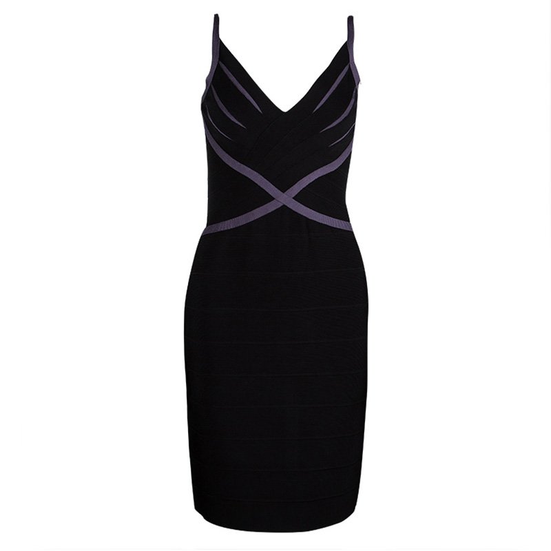 Pre Owned Herve Leger Black And Purple Knit Sleeveless Bandage Dress M