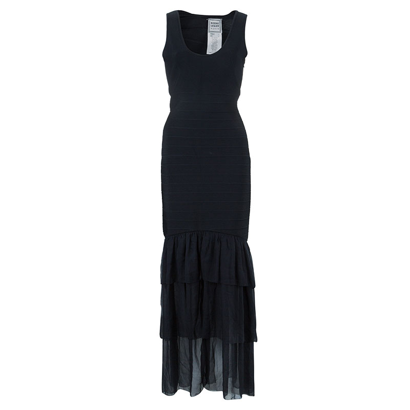 Pre Owned فستان هيرفي ليدجر بانديدج أسود شيفون L