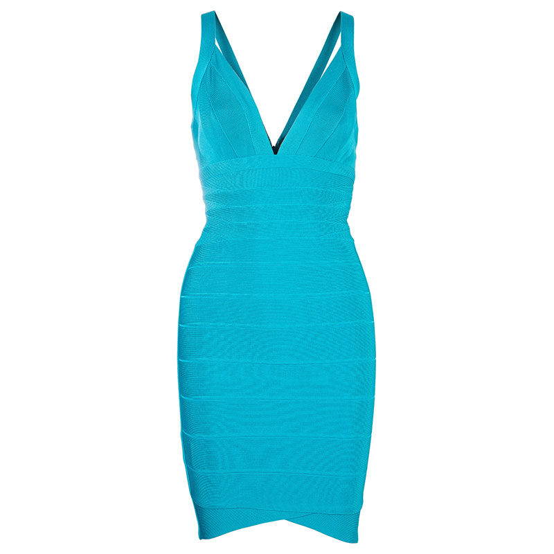 Pre Owned Herve Leger Sela Blue Bandage Dress XS