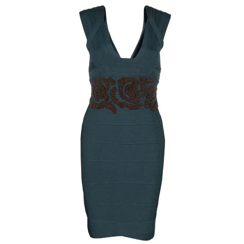 Pre Owned فستان هيرفي ليجي بانديدج بلا أكمام خصر مطرز بالخرز أخضر زمردي S