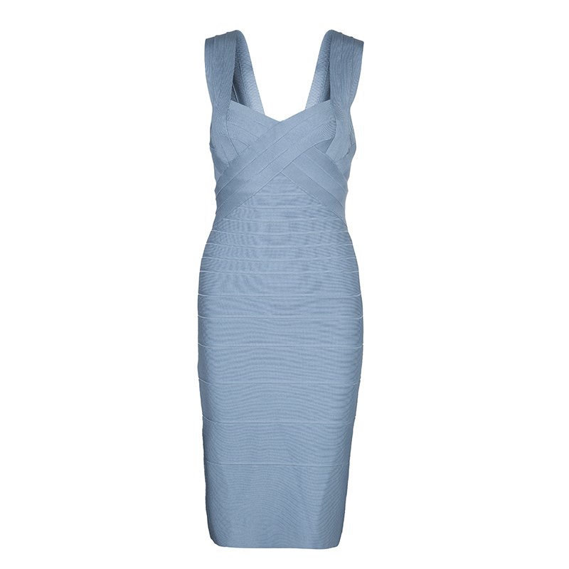 مملوكة مسبقًا Herve Leger Pale Grey Knit Sleeveless Bandage Dress S
