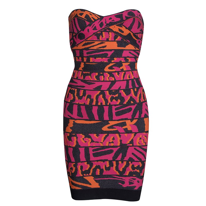 Herve Leger Multicolor Jacquard Knit Strapless Bandage Dress XXS