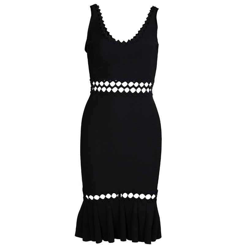 Herve Leger Black Knit Flared Cutout Detail Dress S