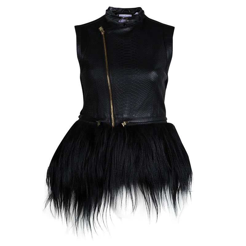 Herve Leger Black Lambskin Leather Fur Trim Vest XS