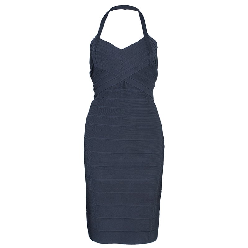 Pre Owned Herve Leger Grey Halterneck Bandage Dress M