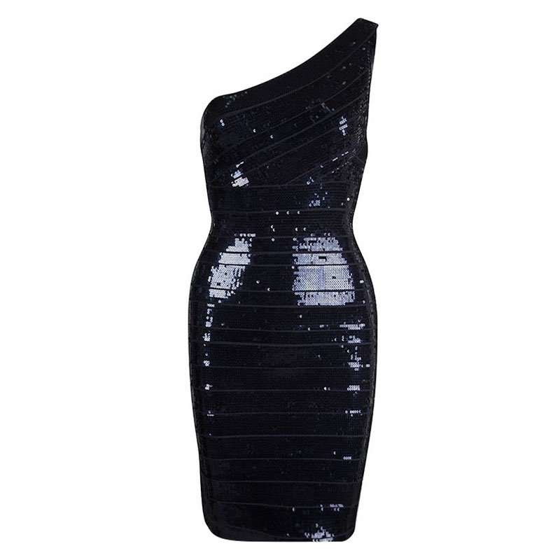 Herve Leger Navy Blue Sequined One Shoulder Pauline Bandage Dress S