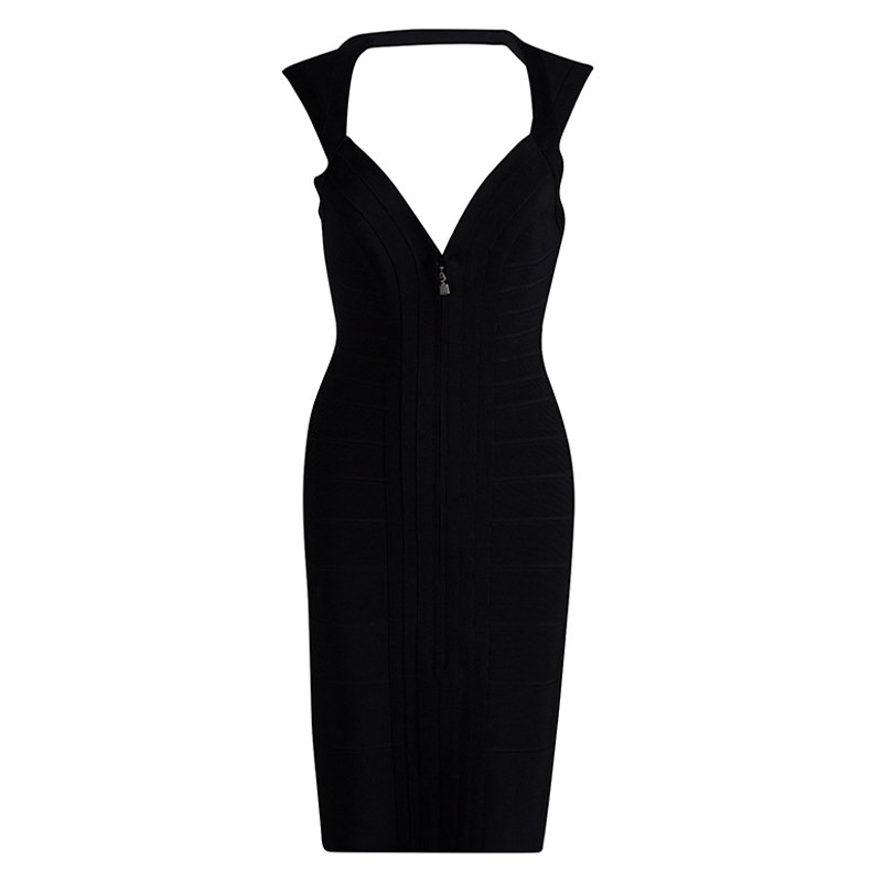 Herve Leger Black Zip Front Sleeveless Bandage Dress M