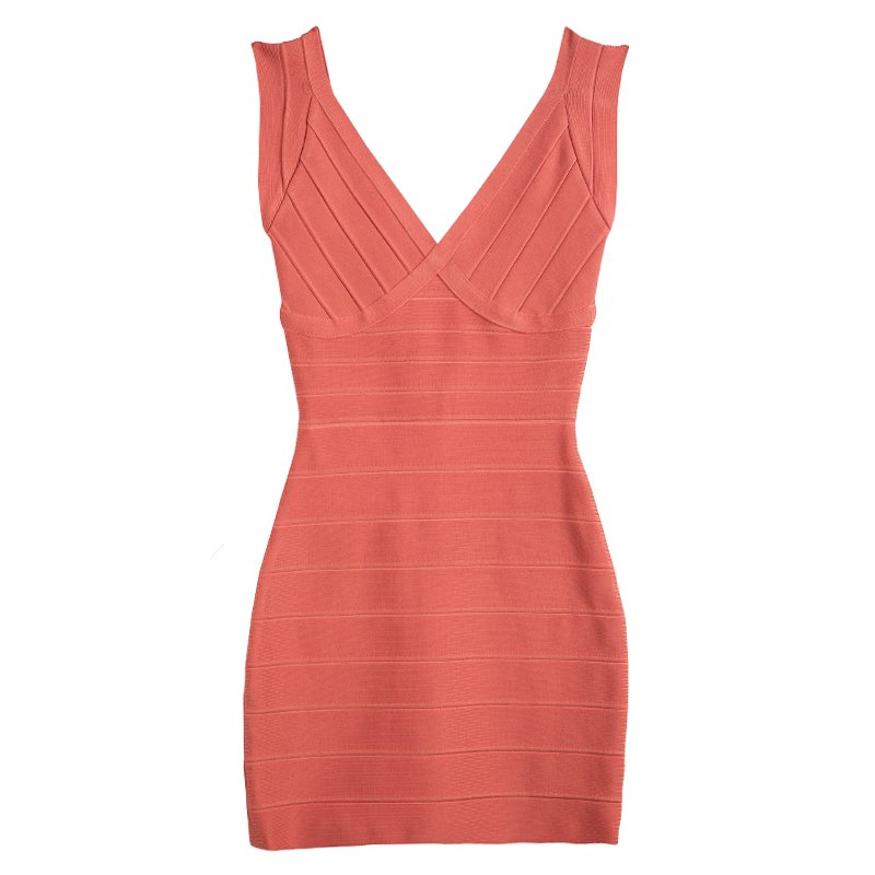 Pre Owned Herve Leger Pastel Orange V-Neck Bandage Dress XS