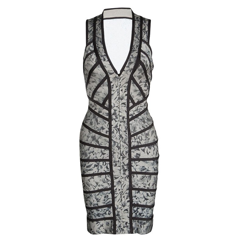 Pre Owned فستان هيرفي ليجي زارا بانتدج رصاصي طباعة موردة بسحاب أمامي S